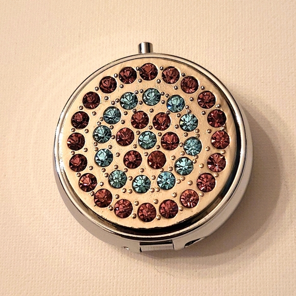 NEW Bejeweled Pillbox, Pink & Blue Crystals, Silver-tone - Picture 2 of 8